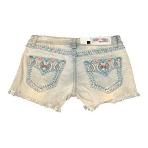 Grace Jean Shorts with Distressed Hem Turquoise and Pink Embroidered 27